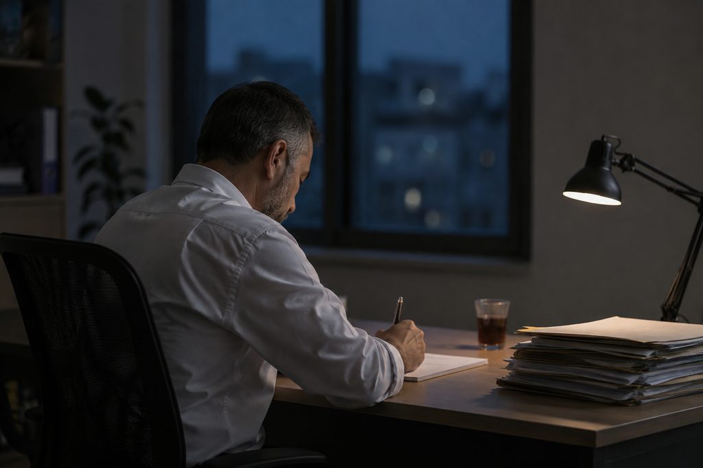 A doctor writing case notes by hand at a desk after dark, a stack of paper files beside him under a desk lamp.
