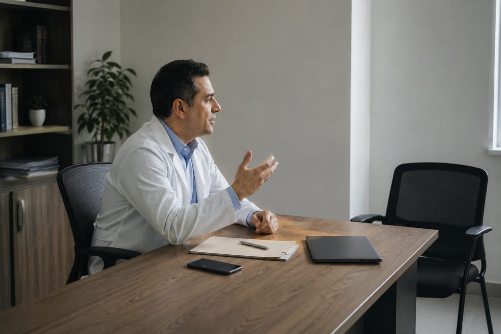 A doctor mid conversation across a consulting room desk, a phone lying face down and a laptop closed beside a paper chart.