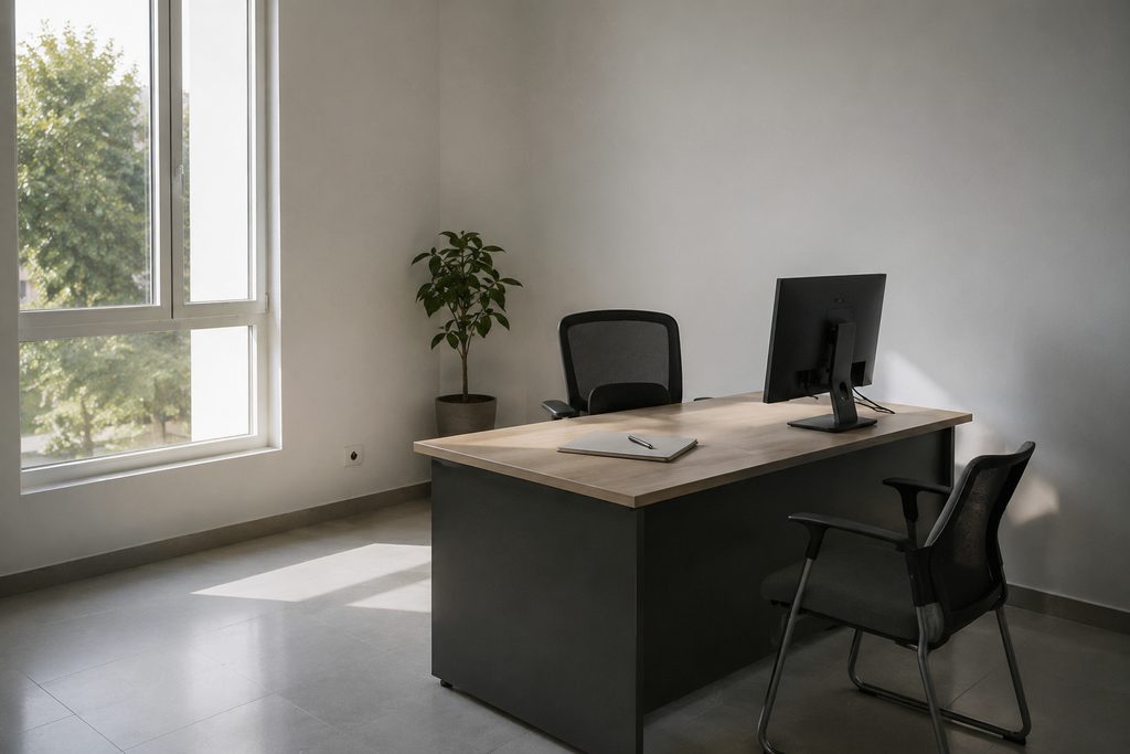 An empty consulting room in a private clinic: a desk with a closed paper file and a pen, two chairs, daylight from a tall window.