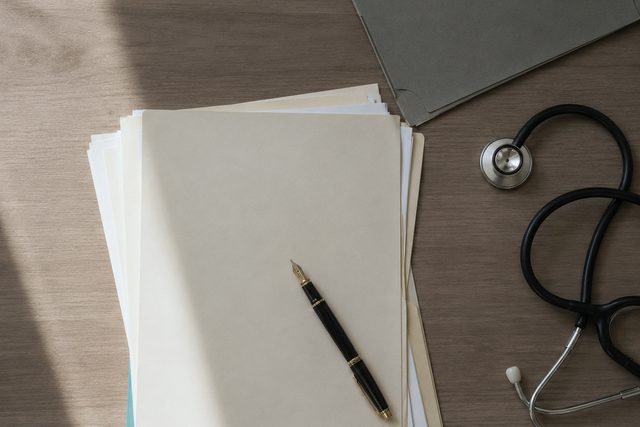 Seen from above: a stack of blank clinical paperwork on a desk with a fountain pen across it, a card folder, and a stethoscope.