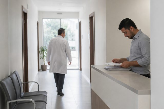 The corridor of a small private clinic: a doctor walking towards a window at the far end, and a member of staff sorting paper files at a reception counter.