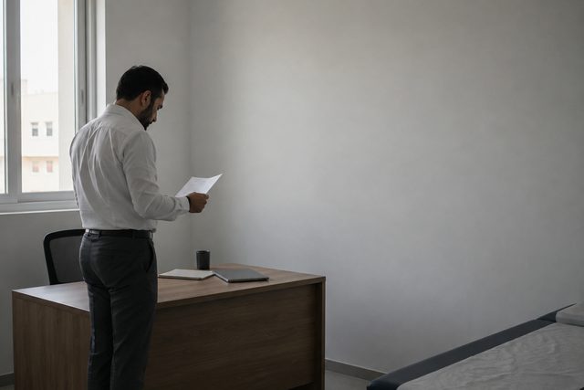 A doctor standing alone at a desk in a small consulting room, reading a single sheet of paper.