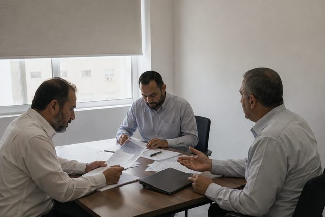 Three colleagues working through printed documents around a meeting table in a plain administrative room.